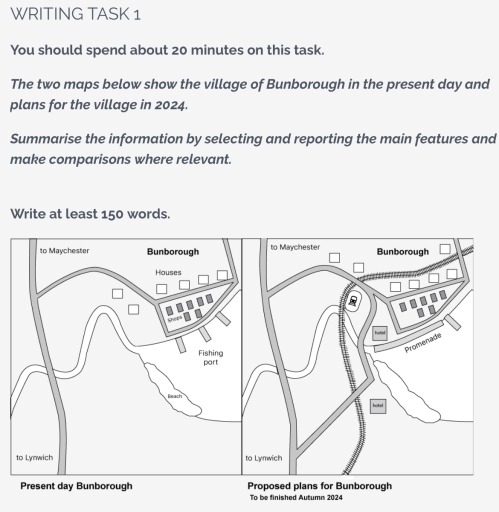 Image for topic: You should spend about 20 minutes on this task. The two maps below show the village of Bunborough in the present day and plans for the village in 2024. Summarise the information by selecting and reporting the main features and make comparisons where relevant. Write at least 150 words.