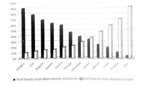 Image for topic: The diagram below shows the percentage of deaths from heart disease and cancer, and calories consumed from processed foods in different countries. Summarize the information by selecting and reporting the main features, and make comparisons where relevant. You should write about 150 words.