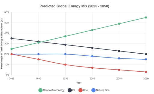 Image for topic: The graph below shows the predicted changes in the global energy mix (the percentage of total energy consumption by source) between 2025 and 2050. Summarise the information by selecting and reporting the main features, and make comparisons where relevant.