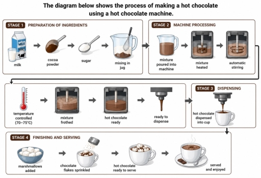 Image for topic: The diagram below shows the process of making a hot chocolate using a hot chocolate machine.