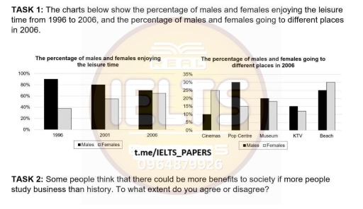 Image for topic: The charts below show the percentage of males and females enjoying the leisure time from 1996 to 2006, and the percentage of males and females going to different places in 2006.