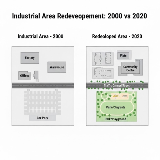 Image for topic: The maps below show an industrial area in 2000 and how it changed by 2020. Summarise the information by selecting and reporting the main features, and make comparisons where relevant. Write at least 150 words.
