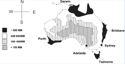 Image for topic: The map below shows the amount of annual rainfall in Australia in millimeters. Write a report to university lecturer describing the information