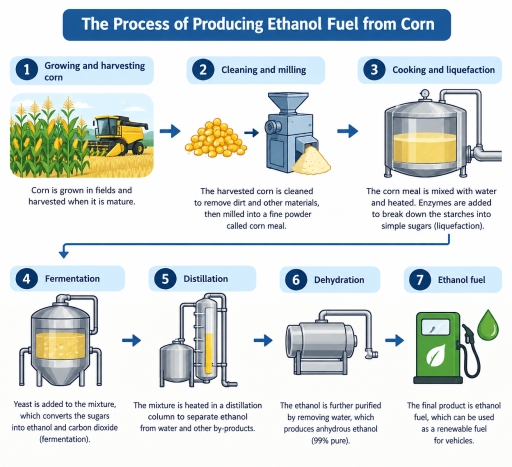 Image for topic: The diagram below illustrates the various stages involved in producing ethanol fuel from corn. Summarise the information by selecting and reporting the main features, and make comparisons where relevant.
