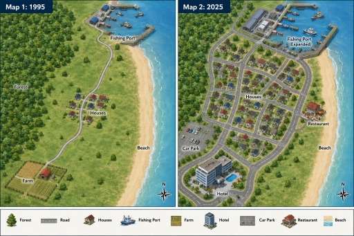 Image for topic: The maps below show the changes that took place in a coastal village between 1995 and 2025.
