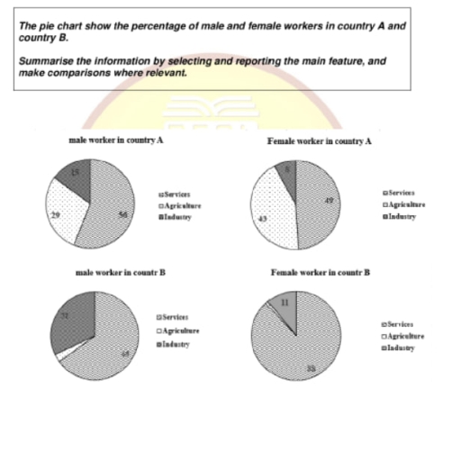 Image for topic: The pie chart show the percentage of male and female workers in country A and country B