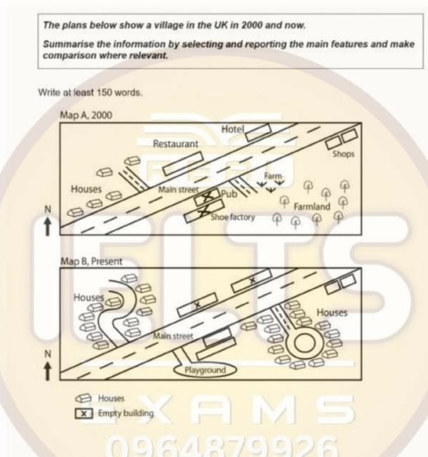 Image for topic: The plans below show a village in the UK in 2000 and now. Summarise the information by selecting and reporting the main features and make comparison where relevant.