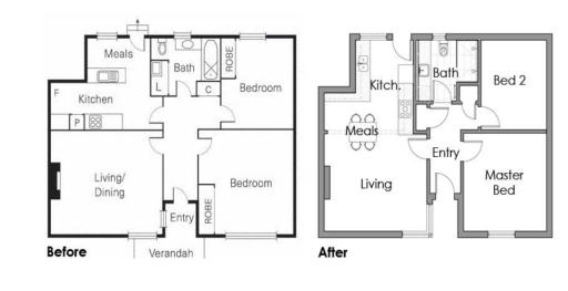 Image for topic: The diagram shows proposed changes to floor plan by k+ Architect. Write a 150-words report describing the proposed changes for a local committee.