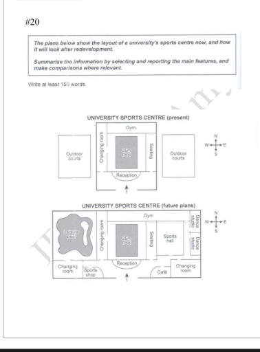 Image for topic: the plans below shows the layout of university's sports centre now and how it will look after redevelopment. summarise the informations by selecting and reporting the main features, and make comparisons where relevant.