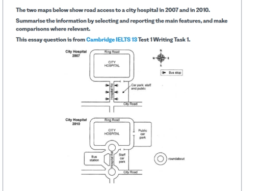 Image for topic: The two maps below show road access to a city hospital in 2007 and in 2010. Summarise the information by selecting and reporting the main features, and make comparision where relevant