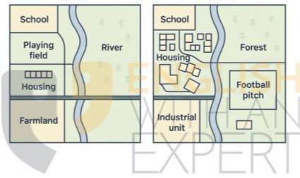Image for topic: The maps below show the current layout of a school called Iftikhor and the proposed changes to the school site in the future.