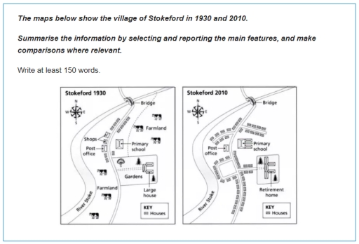 Image for topic: The maps below show the village of Stokeford in 1930 and 2010. Summarise the information by selecting and reporting the main features, and make comparisons when relevant.