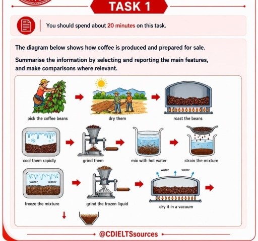 Image for topic: The diagram below shows how coffee is produced and prepared for sale.