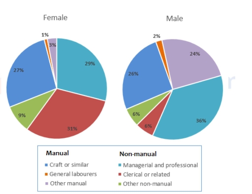 Image for topic: the pie charts below show some employment patterns in Great Britain in 1992.summarize the information by selecting and reporting the main features, make comparisons where relevant.