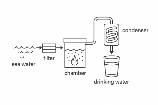 Image for topic: You should spend about 20 minutes on this task. The diagram below shows how fresh water is produced from sea water. Summarise the information by selecting and reporting the main features, and make comparisons where relevant. Write at least 150 words.