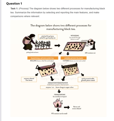 Image for topic: The diagram below shows two different processes for maunfacturing black tea.