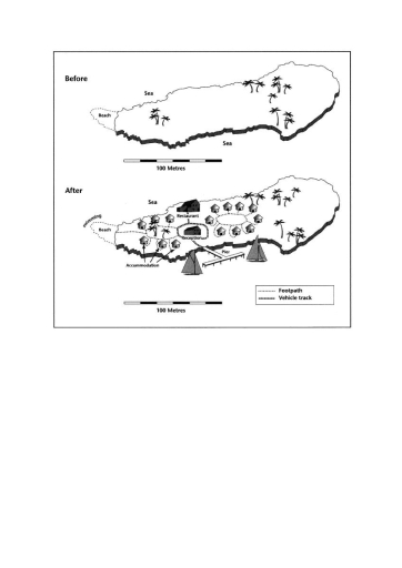 Image for topic: The two maps below show the Sunny Island before and after its commercialization. Summarise the information by selecting and reporting the main features, and make comparisons where relevant.