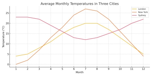 Image for topic: The graph below shows the average monthly temperatures in three cities (London, New York, and Sydney) throughout a calendar year. Summarise the information by selecting and reporting the main features, and make comparisons where relevant