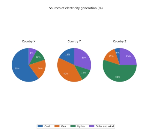Image for topic: The pie charts below show the sources of electricity in three countries.