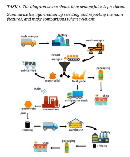 Image for topic: TASK 1: The diagram below shows how orange juice is produced. Summarise the information by selecting and reporting the main features, and make comparisons where relevant.