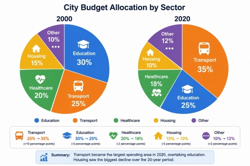 Image for topic: The pie charts show how a city's budget was spent in 2000 and 2020 across five categories.