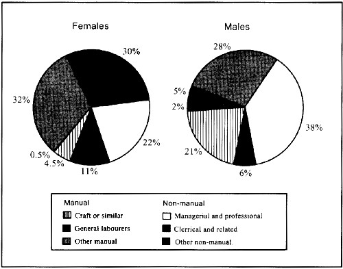 Image for topic: It is also claimed that women have achieved greater freedom and have access to the same opportunities as men. The pia chart below show some employment patterns in a developed country.