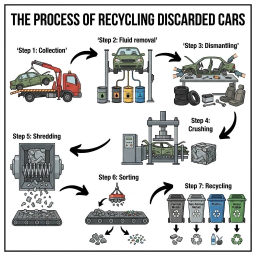Image for topic: The diagram below shows the process of recycling discarded cars.
