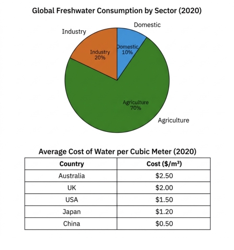Image for topic: The pie chart below shows the percentage of global freshwater consumption by sector in 2020. The table illustrates the average cost of water per cubic meter in five different countries during the same year. Summarise the information by selecting and reporting the main features, and make comparisons where relevant. Write at least 150 words.