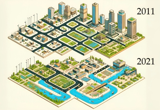 Image for topic: The image illustrates significant renovations made to a city over a 10-year period. Describe the changes that have taken place, focusing on the main features, and discuss the impact of these changes where relevant.