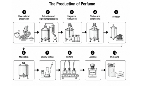 Image for topic: The diagram below shows the manufacturing process of perfume. Summarise the information by selecting and reporting the main features, and make comparisons where relevant.