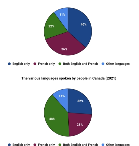Image for topic: The charts below show the various languages spoken by people living in Canada in the years 2000 and 2021. Summarise the information by selecting and reporting the main features, and make comparisons where relevant.