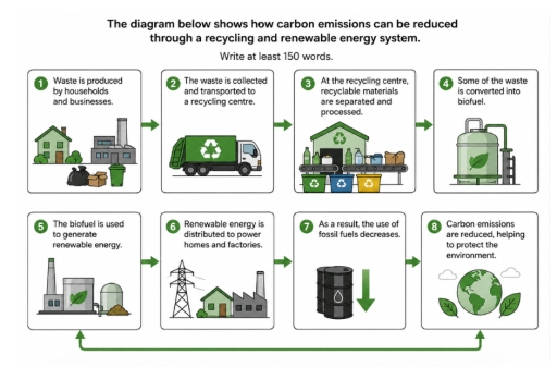 Image for topic: The diagram below shows how carbon emissions can be reduced through a recycling and renewable energy system