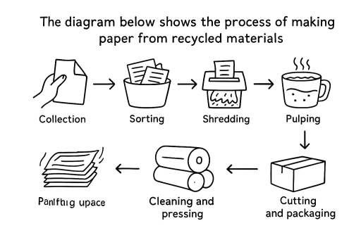 Image for topic: The diagram below shows the process of making paper from recycled materials. Write a report for a university lecturer describing the process shown below. You should write at least 150 words