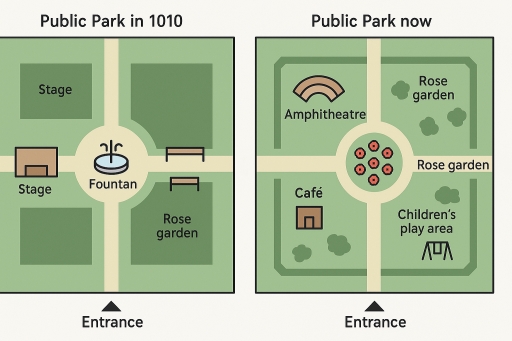 Image for topic: The maps below shows the layout of a public park in 2010 and the same park now