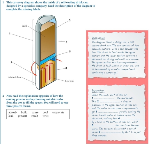 Image for topic: This cut-away diagram shows the inside of a self-cooling drink can, designed by a special company. Describe and explain the diagram in 150 words or more.