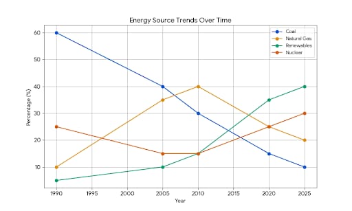 Image for topic: The graph below shows the percentage of total electricity generated by four different fuel sources in a specific European country between 1990 and 2025. Summarize the information by selecting and reporting the main features, and make comparisons where relevant.