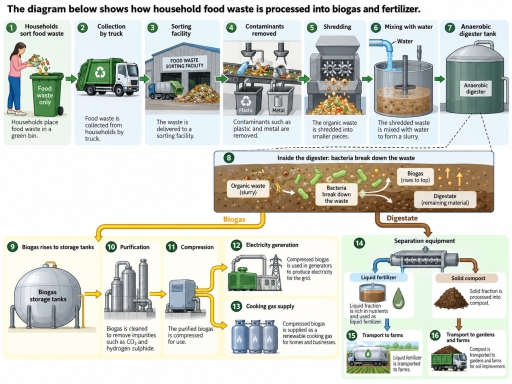 Image for topic: The diagram below shows how household food waste is processed into biogas and fertilizer.