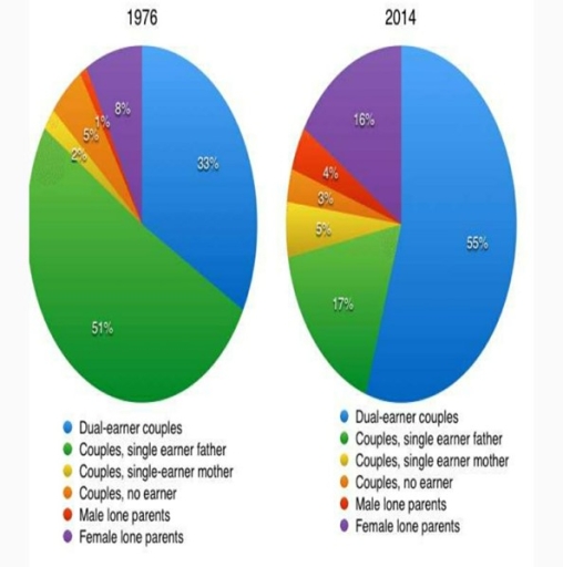 Image for topic: The charts below show the distribution of families with children by employment status in Canada in 1976 and 2014. Summarise the information by selecting and reporting the main feature, making comparisons where relevant