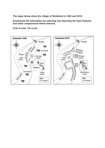 Image for topic: The maps below show the village of Stokeford in 1930 and 2010. Summarise the information by selecting and reporting the main features and make comparisons where relevant.