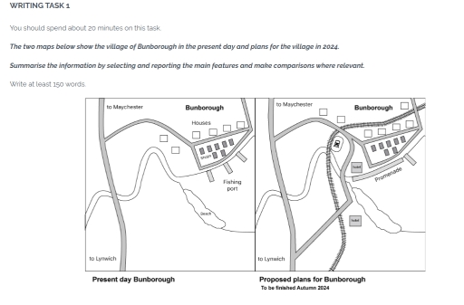 Image for topic: WRITING TASK 1 You should spend about 20 minutes on this task. The two maps below show the village of Bunborough in the present day and plans for the village in 2024. Summarise the information by selecting and reporting the main features and make comparisons where relevant. Write at least 150 words.