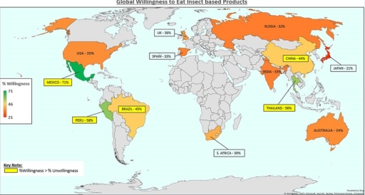 Image for topic: The map shows the information for the global willingness to eat insect products