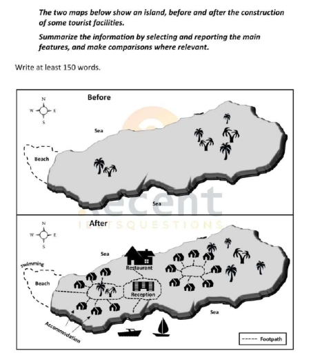 Image for topic: The two maps below show an island, before and after the construction of some tourist facilities. Summarize the information by selecting and reporting the main features, and make comparison where relevant.