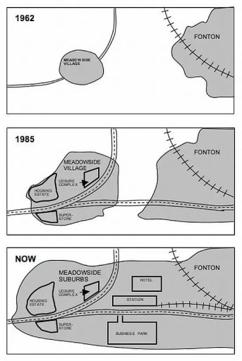 Image for topic: The maps below show the changes that have taken place in Meadowside village and Fonton, a neighbouring town, since 1962.