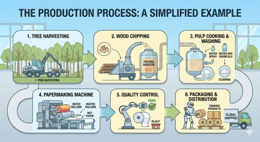 Image for topic: The diagram below shows the stages involved in the manufacturing of paper from trees.