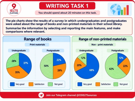 Image for topic: The pie charts show the results of a survey in which undergraduates and postgraduates asked about the range of books and non-printed materials in their library.