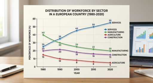 Image for topic: The graph below shows the percentage of workers in four different sectors in a European country between 1980 and 2020. Summarize the information by selecting and reporting the main features, and make comparisons where relevant.