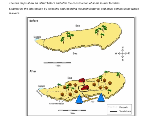 Image for topic: The two maps show an island before and after the construction of some tourist facilities. summarise the information by selecting and reporting the main features, and make copmarisons where relevant.