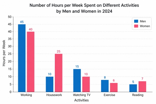 Image for topic: The bar chart below shows the number of hours per week that men and women spent on different activities in 2024. Summarize the information by selecting and reporting the main features, and make comparisons where relevant.