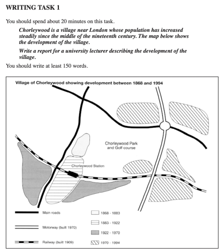 Image for topic: Chorleywood is a village near London whose population has increased steadily since the middle of the nineteenth century. The map below shows the development of the village.