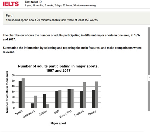Image for topic: The bar chart depicts the number of adults participating in many kinds of major sports in an area, in 1997 and 2017.